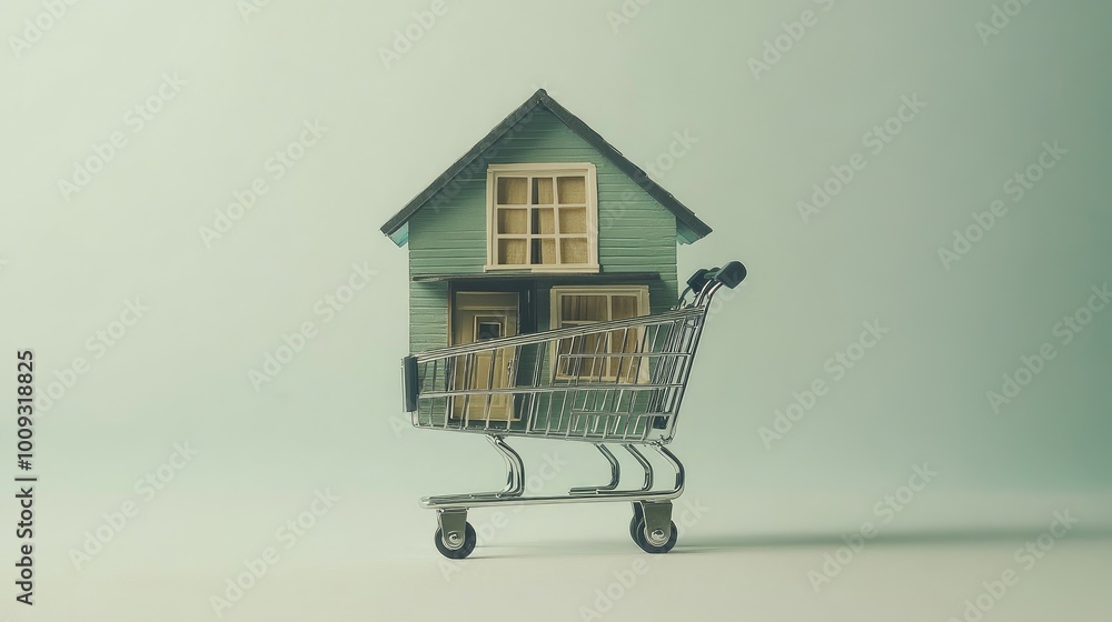 Tiny house in a shopping cart, focusing on the concept of housing debt and investment, no people present. Tiny house in a shopping cart, focusing on the concept of housing debt and investment, no people present.