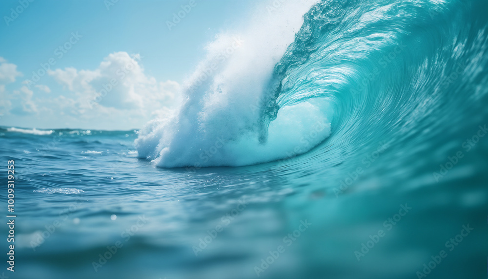 Obraz premium a large and beautiful ocean wave, against a blue sky background, a paradise seascape