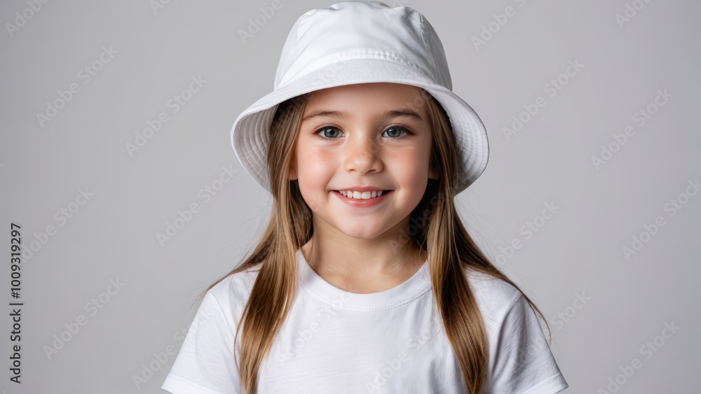 Little girl wearing white t-shirt and white bucket hat isolated on grey background Little girl wearing white t-shirt and white bucket hat isolated on grey background