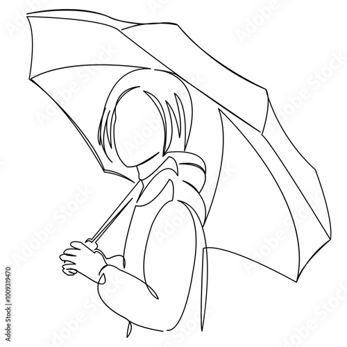 One continuous single drawing line art doodle girl  beautiful  people  female  umbrell  rain. Isolated flat illustration hand draw contour on a white background
