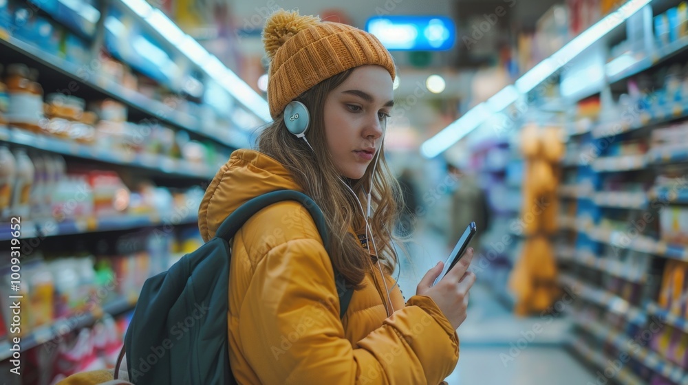 A young girl in a shopping center in a yellow jacket and hat, using a phone with shelves of products around her. A young girl in a shopping center in a yellow jacket and hat, using a phone with shelves of products around her.