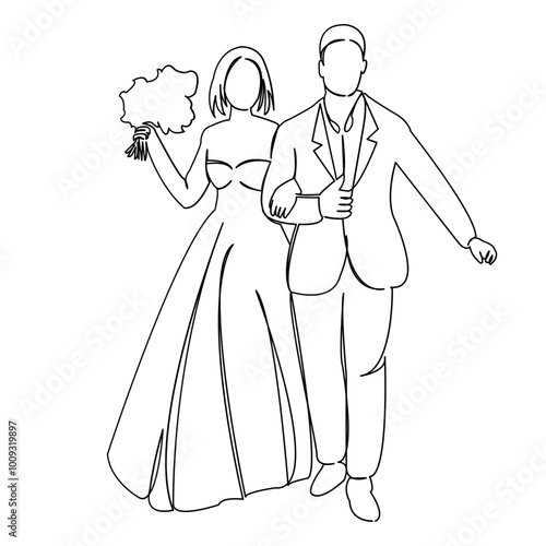 One continuous single drawing line art doodle love wedding couple white romantic wife celebration husband. Isolated flat illustration hand draw contour on a white background
