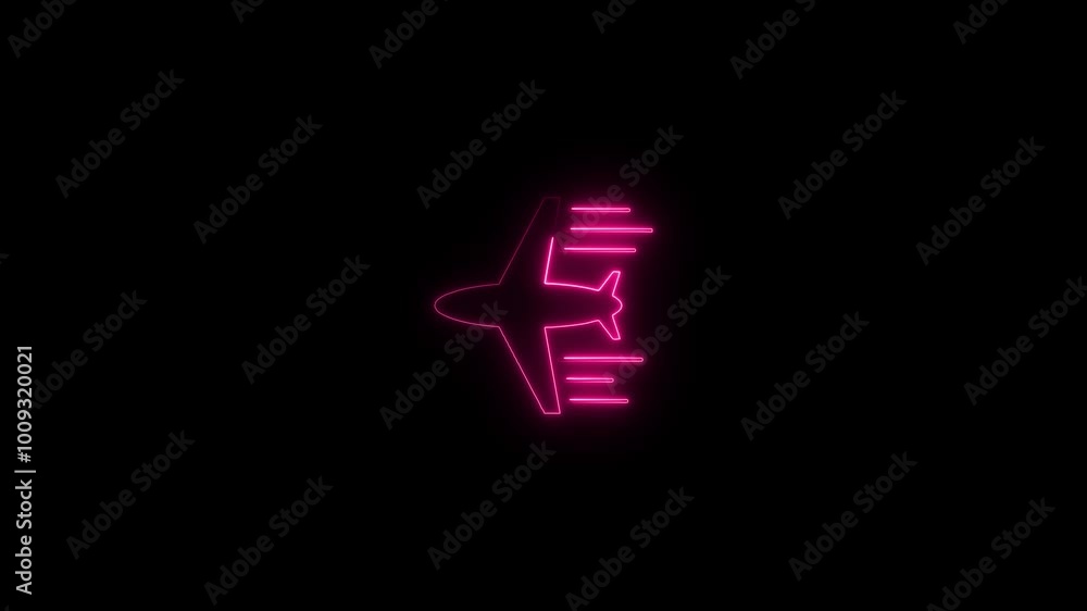 Airport sign icon design with neon effect.Neon jet plane fighter reactive pursuit military.A glowing neon outline of an airplane on a black background. Airport sign icon design with neon effect.Neon jet plane fighter reactive pursuit military.A glowing neon outline of an airplane on a black background.