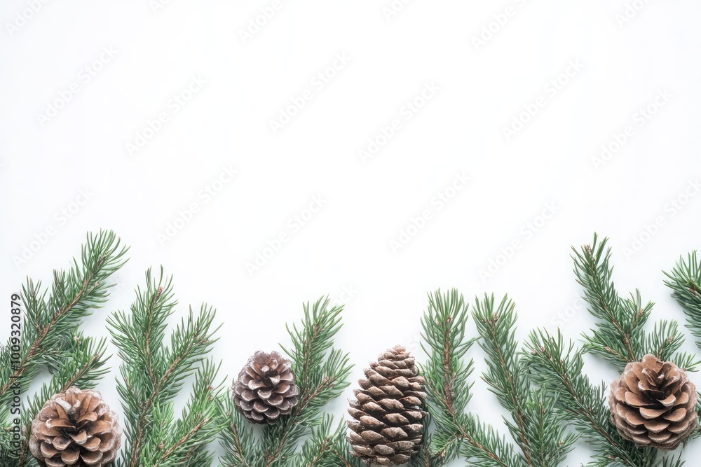 A minimalist arrangement of pine leaves and pinecones at the bottom of the frame, clean white background, botanical illustration style, soft lighting, natural color tones A minimalist arrangement of pine leaves and pinecones at the bottom of the frame, clean white background, botanical illustration style, soft lighting, natural color tones