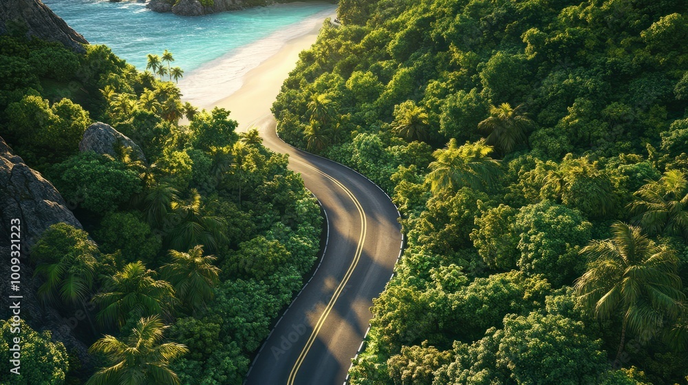 aerial view of a winding road through lush tropical rainforest, leading ...