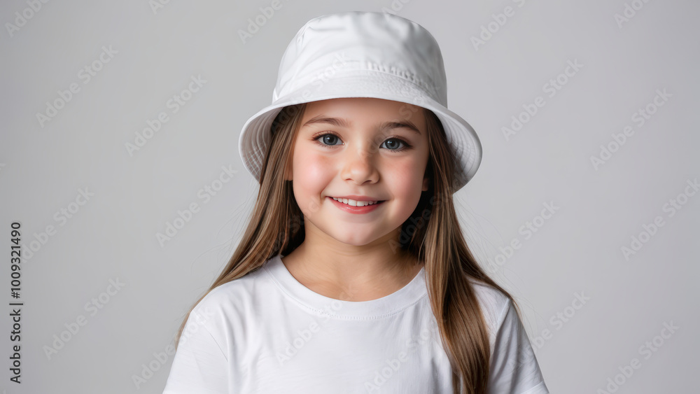 Little girl wearing white t-shirt and white bucket hat isolated on grey background Little girl wearing white t-shirt and white bucket hat isolated on grey background