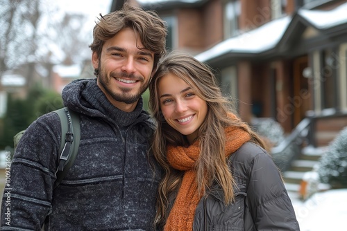 a happy young couple stands proudly in front of their new home embodying the joy of homeownership and the excitement of a new beginning in real estate