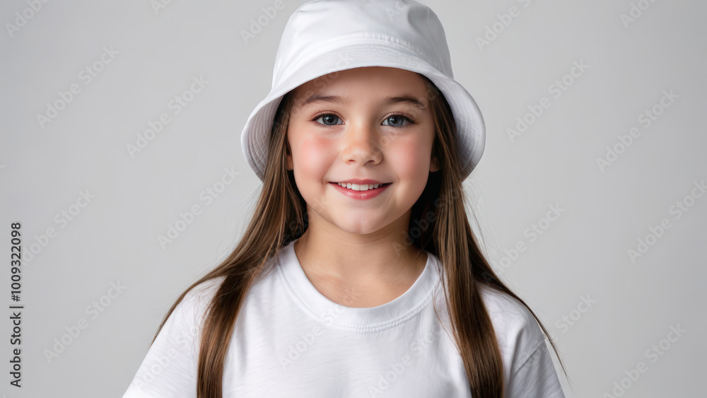 Little girl wearing white t-shirt and white bucket hat isolated on grey background Little girl wearing white t-shirt and white bucket hat isolated on grey background