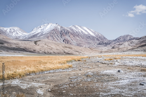 Panoramic landscape of textured Tien Shan mountains in Pamir in Tajikistan, panoramic landscape of a mountain range with snow and glaciers in summer