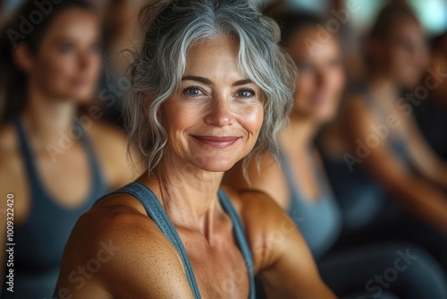 a happy fit senior woman with gray hair energetically cycles indoors in a gym surrounded by a group of fitness enthusiasts radiating joy and vitality within an active community