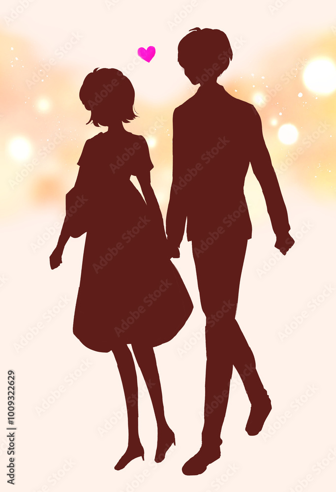 手を繋いでデートする男女 影絵 手を繋いでデートする男女 影絵