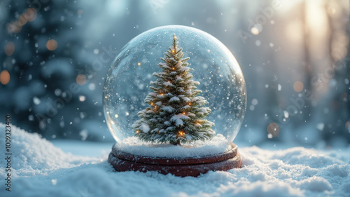 A Snow Globe Featuring a Decorated Christmas Tree in a Winter Landscape