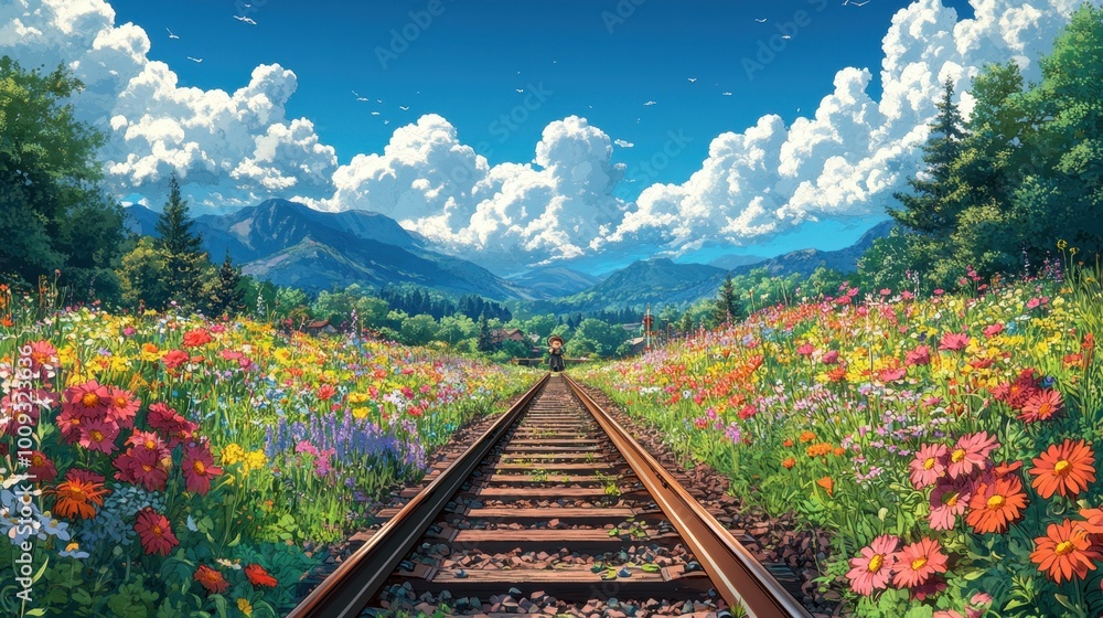 A cartoon character enjoying a moment by the train tracks, surrounded by wildflowers in muted colors, capturing a tranquil and whimsical atmosphere A cartoon character enjoying a moment by the train tracks, surrounded by wildflowers in muted colors, capturing a tranquil and whimsical atmosphere
