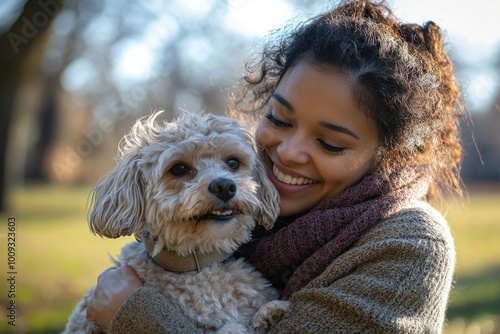 A woman cuddling a small dog in her arms