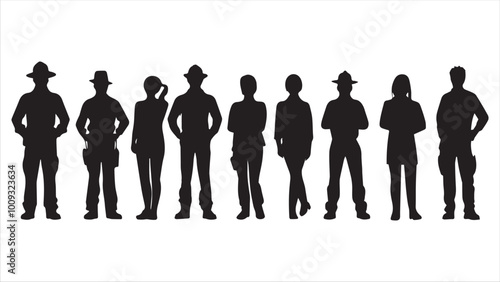 
People with various occupations professions standing together in row vector flat black silhouettes set collection.