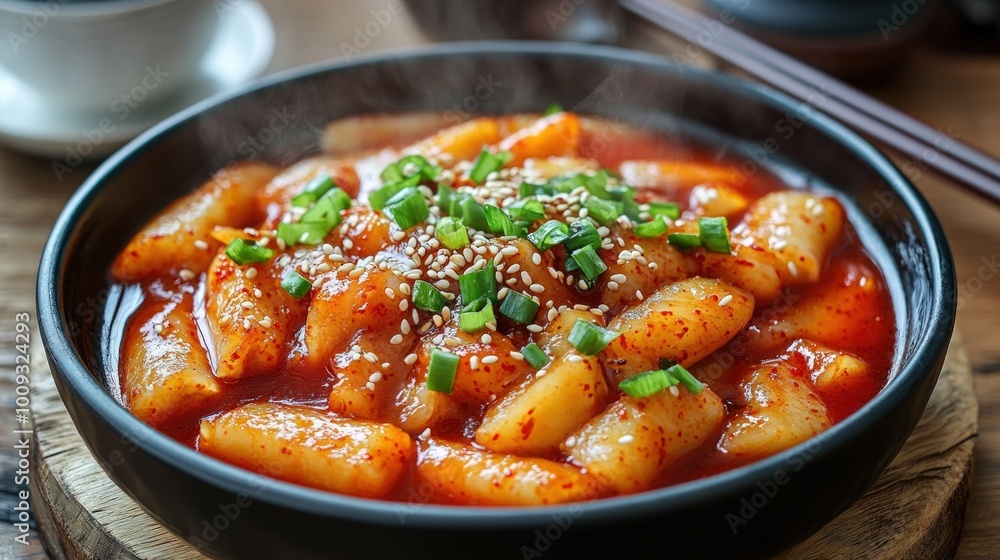 A bowl of Korean spicy rice cakes, tteokbokki, with sesame seeds and green onions. A bowl of Korean spicy rice cakes, tteokbokki, with sesame seeds and green onions.