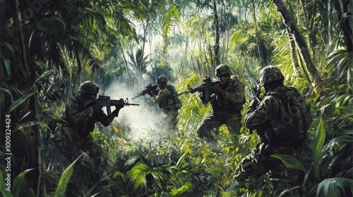 An illustration of a guerilla warfare scenario in the jungle, unconventional strategy, digital art, isolated on white background