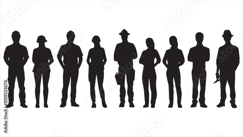 
People with various occupations professions standing together in row vector flat black silhouettes set collection.