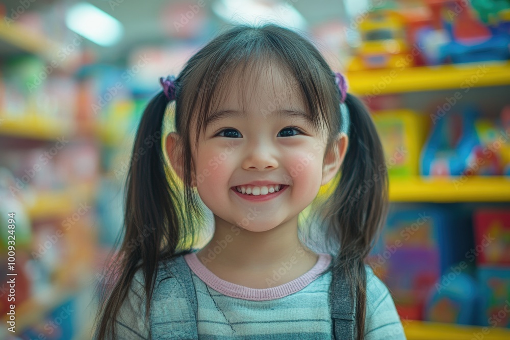 A happy little girl smiling in a toy store with various toys and games around her A happy little girl smiling in a toy store with various toys and games around her