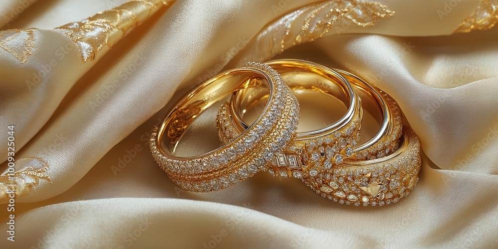 A collection of elegant gold bangles adorned with diamonds on a luxurious fabric background. A collection of elegant gold bangles adorned with diamonds on a luxurious fabric background.