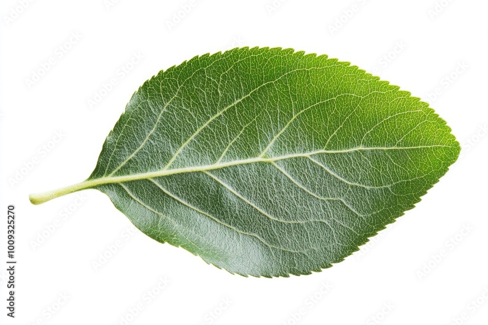 A detailed view of a single leaf against a white background, ideal for use in designs related to nature and simplicity A detailed view of a single leaf against a white background, ideal for use in designs related to nature and simplicity