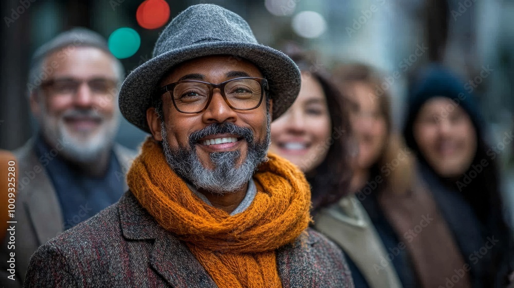 Smiling Man in a Group of Friends on a City Street Smiling Man in a Group of Friends on a City Street