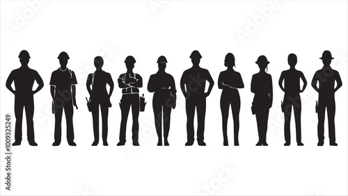 
People with various occupations professions standing together in row vector flat black silhouettes set collection.