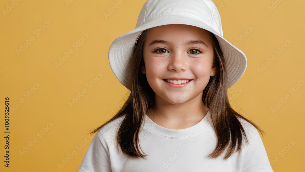 Little girl wearing white t-shirt and white bucket hat isolated on yellow background Little girl wearing white t-shirt and white bucket hat isolated on yellow background