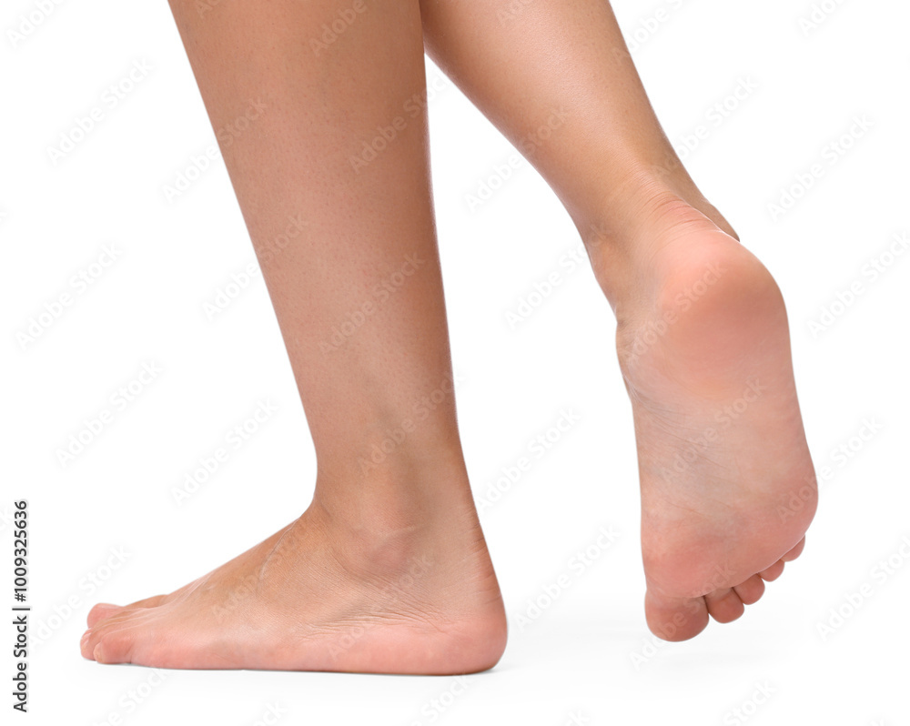 Barefoot woman on white background, closeup view Barefoot woman on white background, closeup view