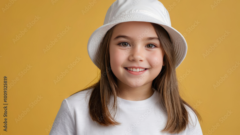 Little girl wearing white t-shirt and white bucket hat isolated on yellow background Little girl wearing white t-shirt and white bucket hat isolated on yellow background