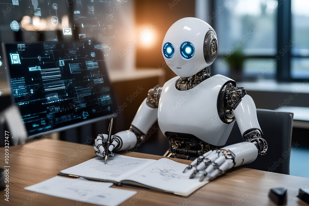 Fototapeta premium A futuristic humanoid robot writes in a book