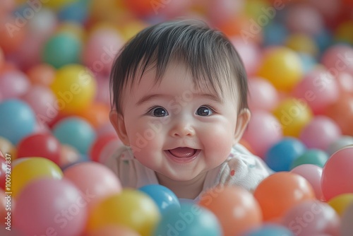 a joyful baby playing amidst a colorful ball pit enhancing the theme of innocence and joy in childhood through vibrant colors and playful expressions