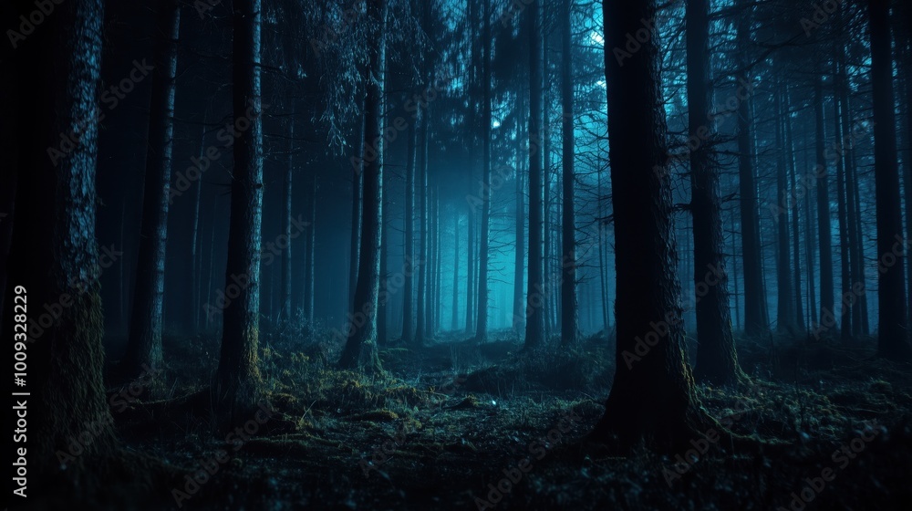Mysterious Forest with Dark Trees at Night Creating an Eerie and Enchanting Atmosphere Mysterious Forest with Dark Trees at Night Creating an Eerie and Enchanting Atmosphere