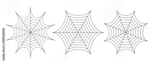 Isolate Spider Web vector set design on white background, Black Horror graphic symbol, elements, Gothic decoration, Spookt clip art for Halloween, Banner (Editable)