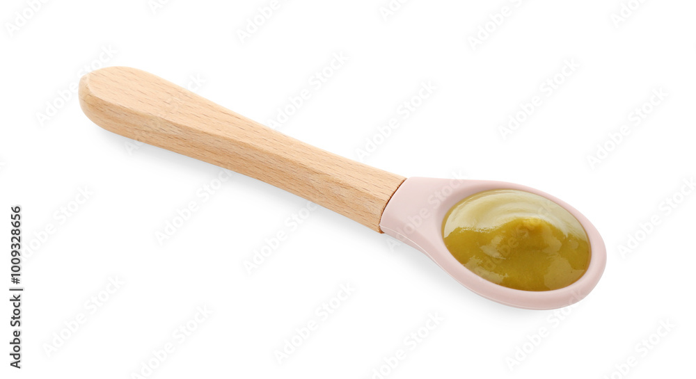 Spoon with tasty baby food isolated on white Spoon with tasty baby food isolated on white