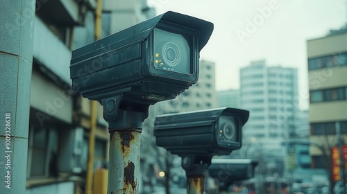 cutout image of black security cctv cameras positioned on a pole symbolizing surveillance and safety in urban environments emphasizing security measures