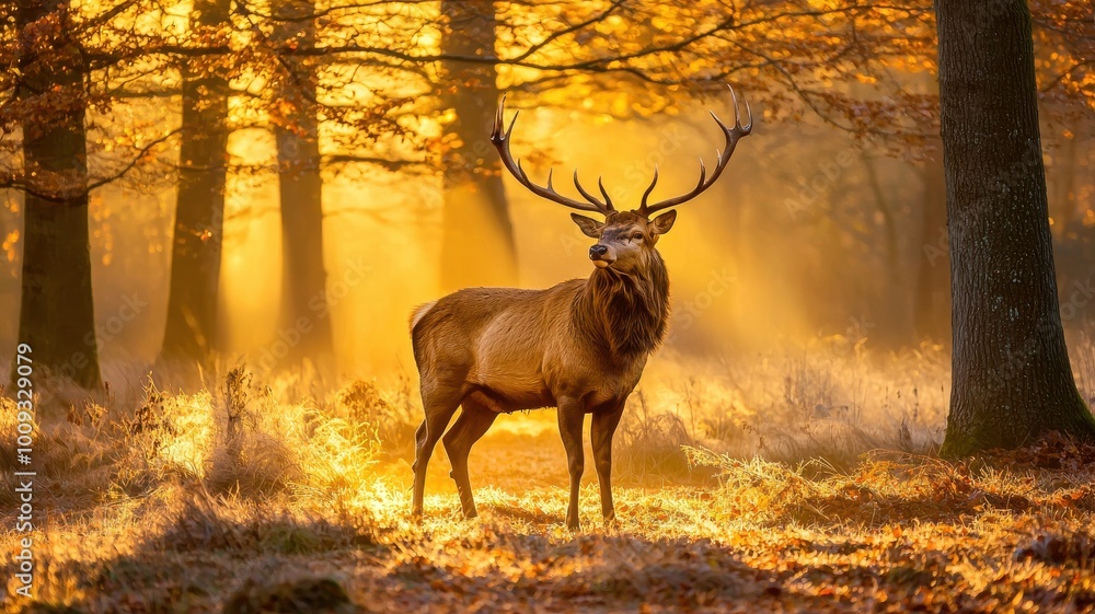 A deer stands in a field of yellow leaves A deer stands in a field of yellow leaves