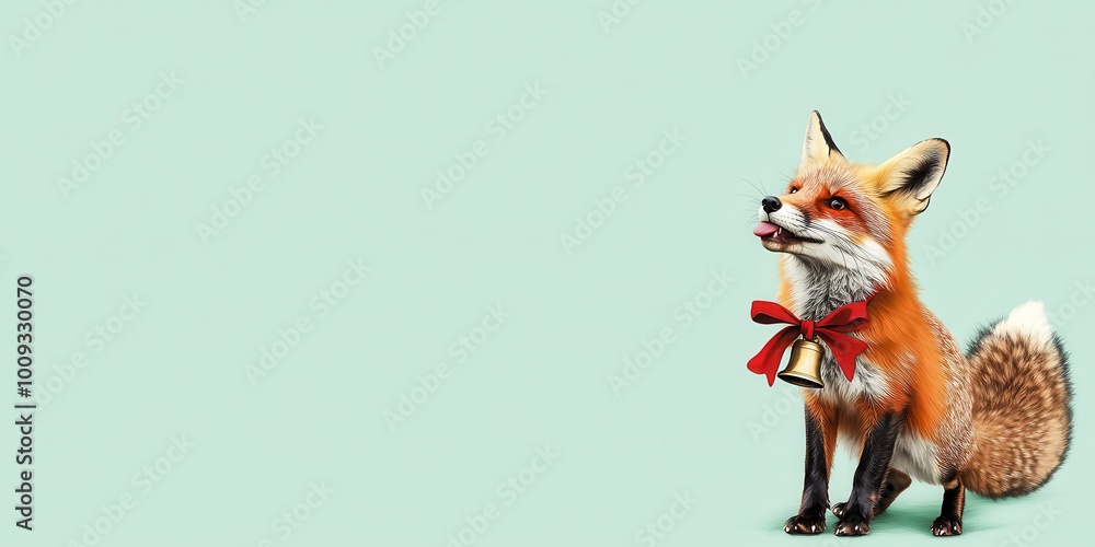 Fototapeta premium Fox with Christmas Bell and Ribbon Decoration