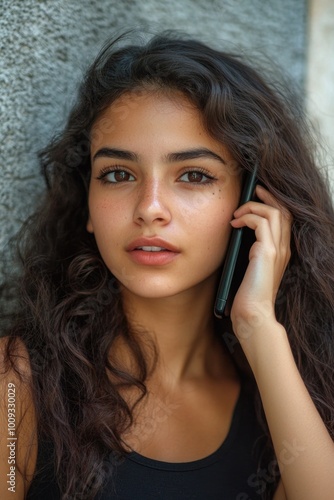 A woman speaking on her cell phone while standing next to a wall, possibly in a public place