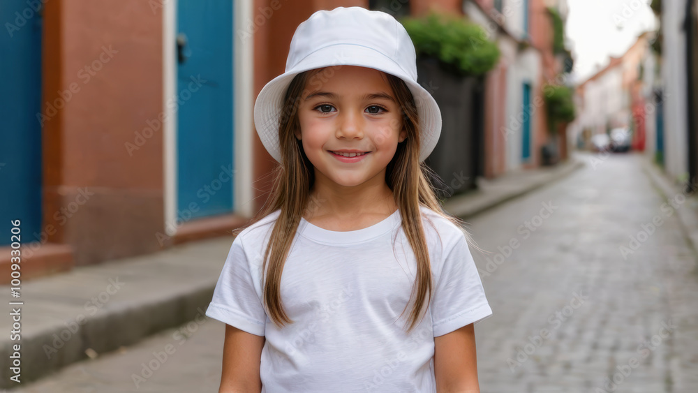 Little girl wearing white t-shirt and white bucket hat standing in a city alley Little girl wearing white t-shirt and white bucket hat standing in a city alley