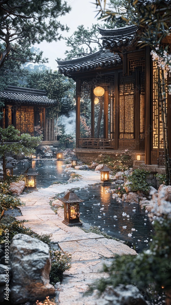 Fototapeta premium An elegant Su-style courtyard, with winding paths leading to a clear pond, pavilions intricately carved, accompanied by pine, bamboo, and plum trees