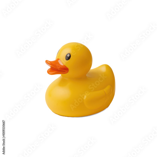 A yellow rubber duck is sitting isolated on a white background