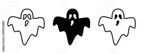 Scary ghost icon. Halloween ghost vector illustration. Evil spirit symbol. Outline horror spook sign. Nightmare pictogram. Creepy anthropomorphic spirit silhouette. Fear concept.