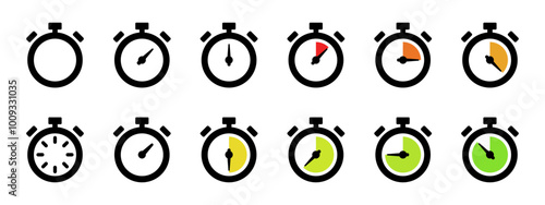 Timer and stopwatch countdown icon set. Cooking or sport clock symbol. Stop watch indicator illustration collection. Deadline time measurement sign. Express delivery pictogram. Speed measure concept
