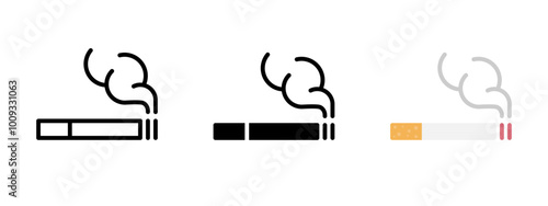 Cigarette icon. Smoke symbol. Smoking room sign. Smoker area or zone vector illustration. Nicotine addiction pictogram. Bad habit concept. Ashtray label. Cigarette simple flat line icon.