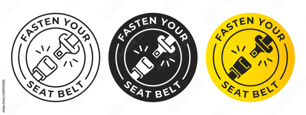 Obraz premium Fasten your seat belt sign. Fasten seatbelt vector illustration. Car transportation safety label. Traffic caution sticker. Traffic accident road sign banner. Driver warning icon.
