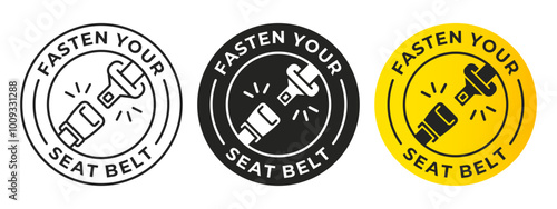 Fasten your seat belt sign. Fasten seatbelt vector illustration. Car transportation safety label. Traffic caution sticker. Traffic accident road sign banner. Driver warning icon.