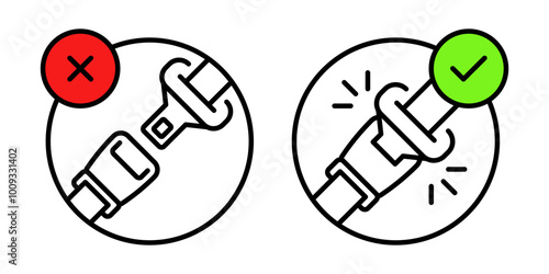 Fasten your seat belt sign. Unblocked and blocked driver and passenger seat belt icon with fastener and strap. Safety belt protection for car and plane passengers. Locked and unlocked seat belt