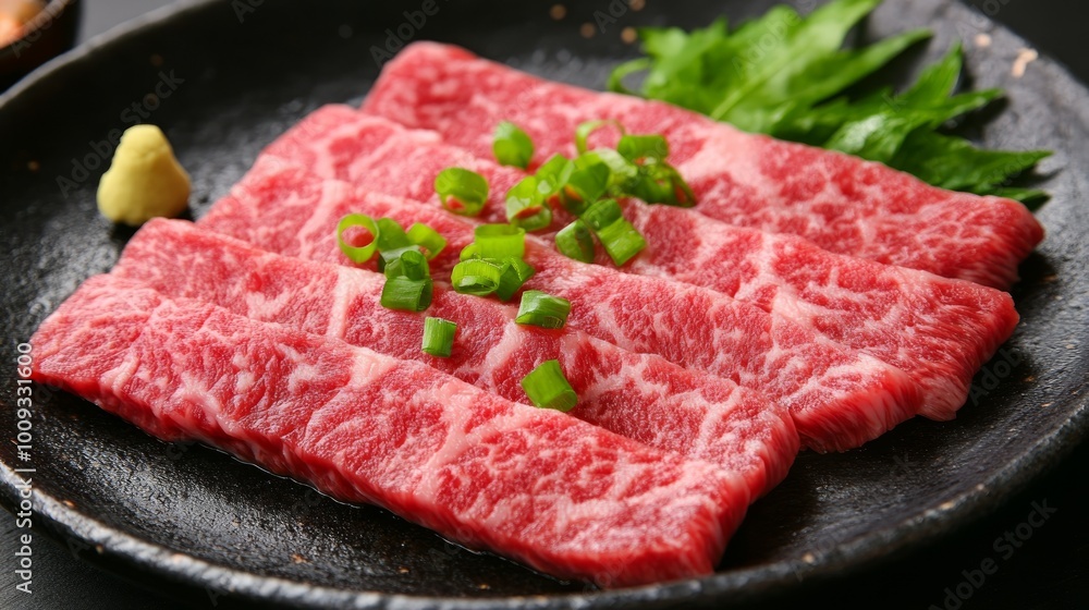 Thinly sliced raw beef with green onions and wasabi on a black plate. Thinly sliced raw beef with green onions and wasabi on a black plate.