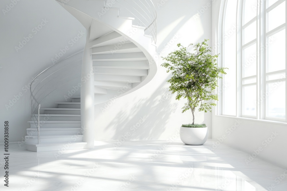 Obraz premium A spiral staircase in a modern white room with a small potted plant